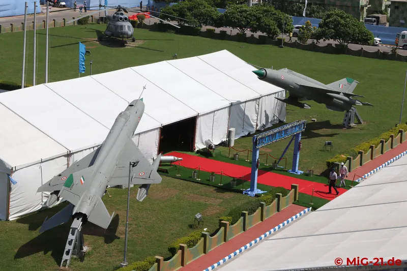 Two plinth-mounted MiG-21s formed the gateway to an exhibition on the history of the MiG-21 in the Indian Air …