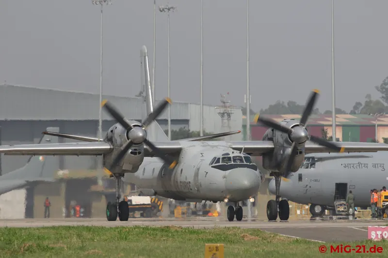 An An-32 of 48 Squadron "Camels" taxies for take-off. The aircraft is an An-32RE, an upgraded variant of the …