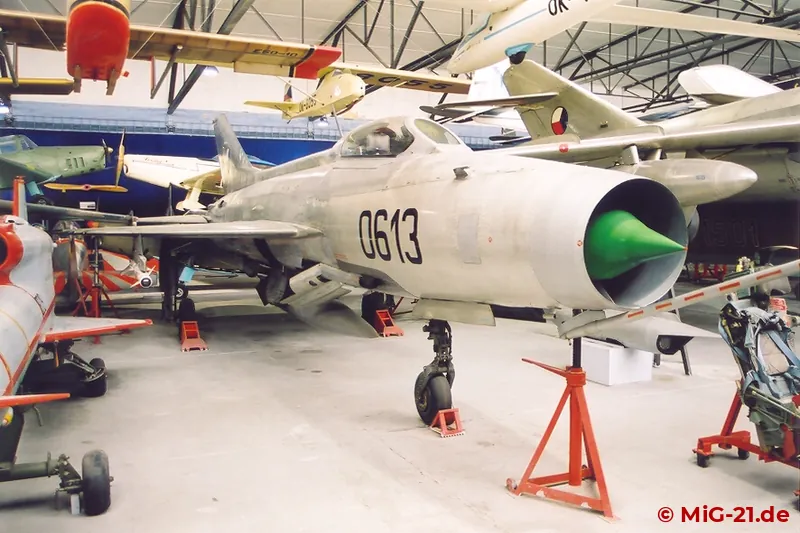 The well preserved MiG-21F-13 in one of the exhibition halls of the museum.