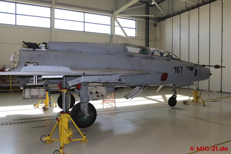 MiG-21UMD 167 is the first of the last active aircraft to receive a place in a museum. Here it is being …