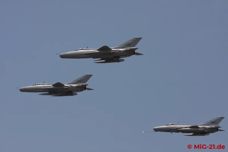 Mixed formation of F-7BS (centre and front) and F-7GS. Noticeable on the F-7BS are the retrofitted flare …
