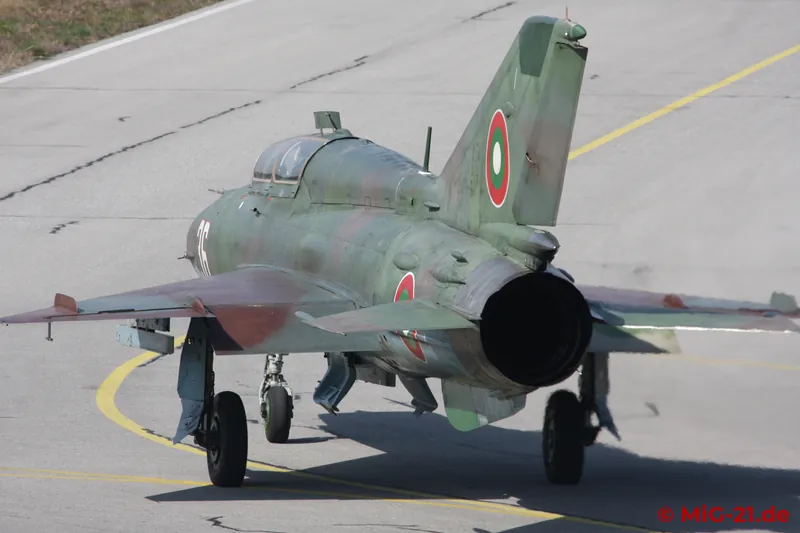 The last active Bulgarian MiG-21 two-seater taxies out for take-off again.
