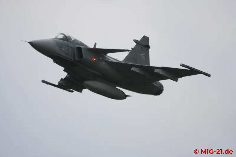 After heavy rain had severely affected the event, the Hungarian Gripen took off in moderate light for a …