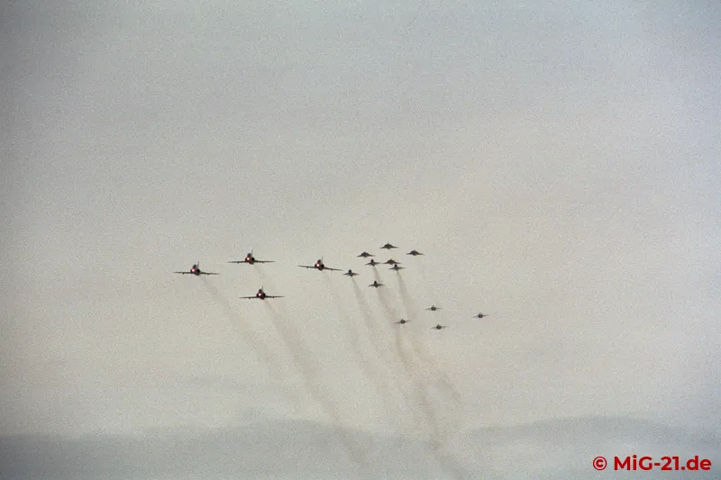 For the last time the MiG-21s took part in a flypast. In front of them fly BAe Hawk and Saab Draken; the …
