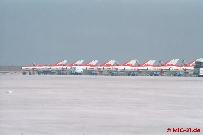 An imposing sight: the team's J-7Es lined up on the airfield.